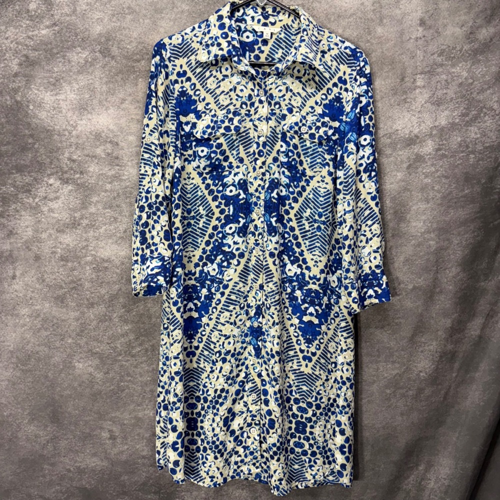 Cabi Shirt Dress Women's Size M Blue Cream Kaleidoscope Print 3/4 Sleeve
